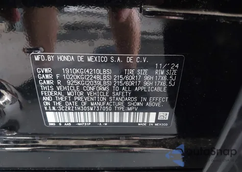 2025 Honda Hr-V 2Wd Lx z USA, uszkodzony, nr VIN 3CZRZ1H30SM737050